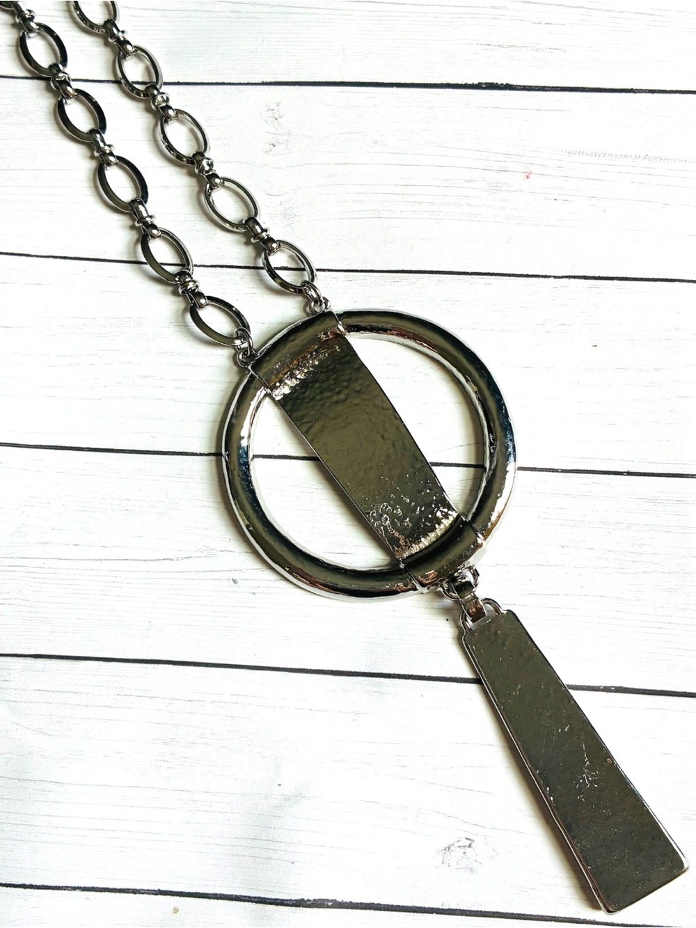 NEW NWOT Chico's Silver-Tone Hammered Textured Circle Drop Statement Necklace